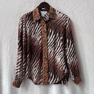 Vintage Lord & Taylor 100% Silk Animal Print Button Front Blouse Top Size 10